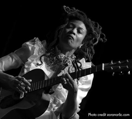Black and white photo of Valerie June